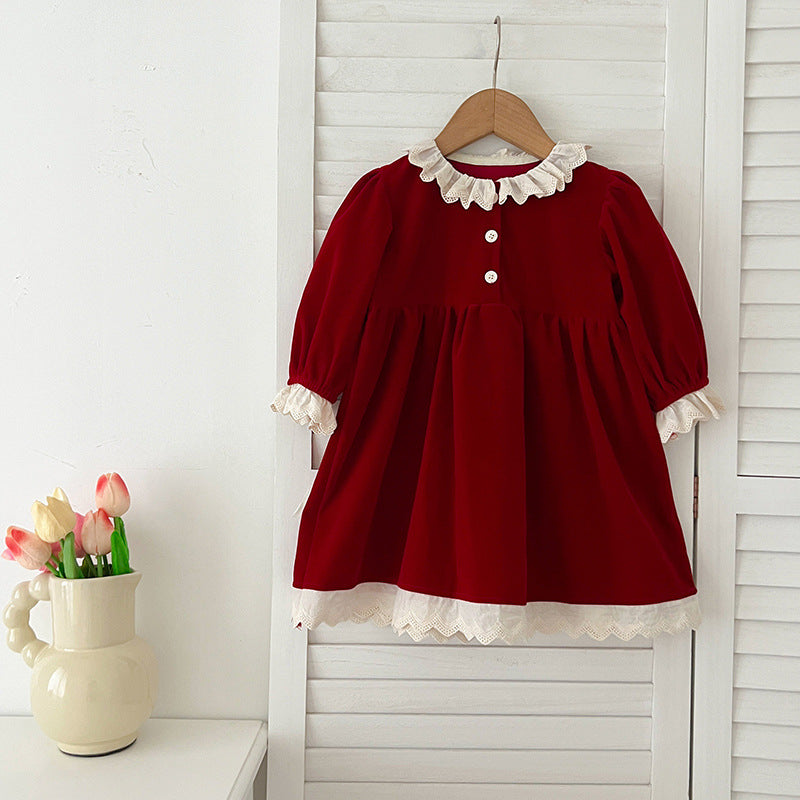 A stylish patchwork dress for baby girls featuring lace trim and long sleeves, available in red and pink colors.