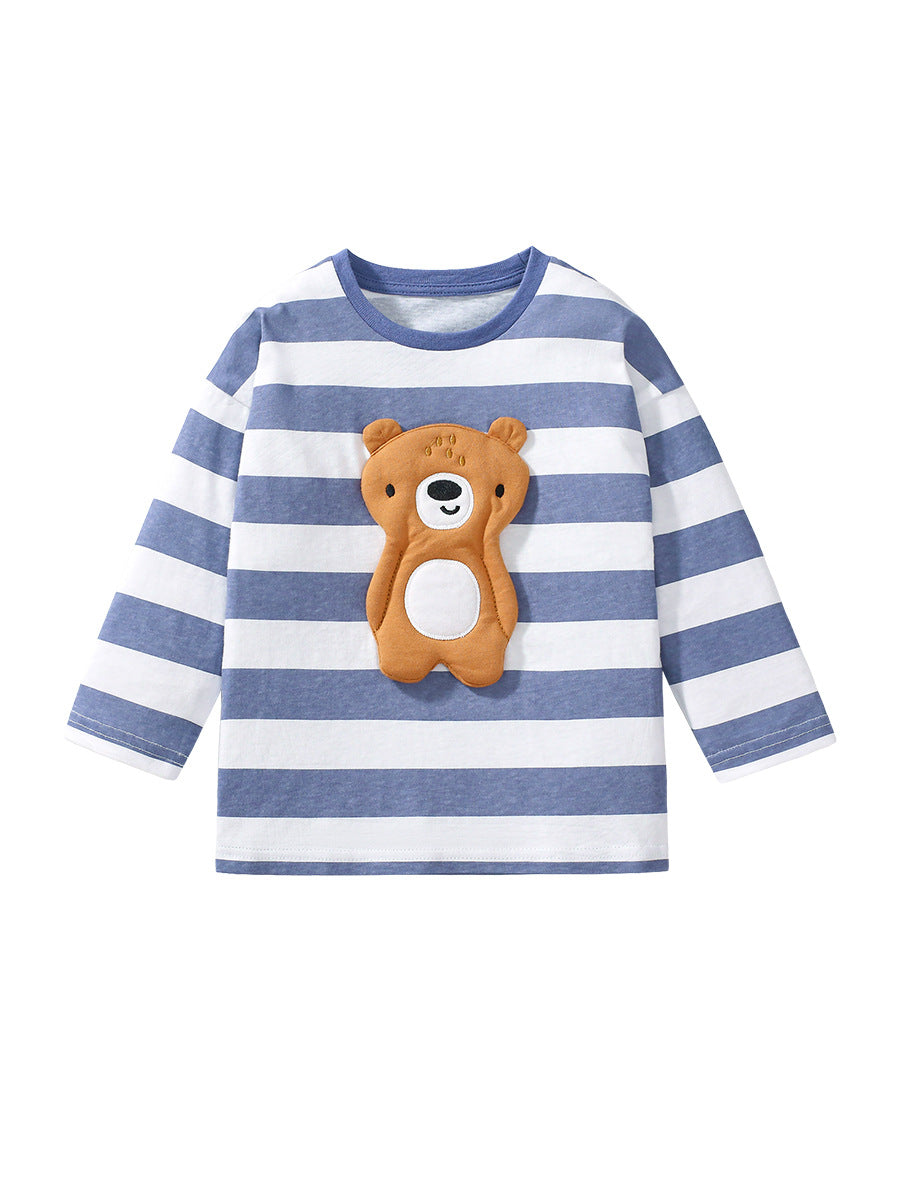 A blue long-sleeved t-shirt for girls featuring a 3D teddy bear design and striped pattern, made from soft cotton material.