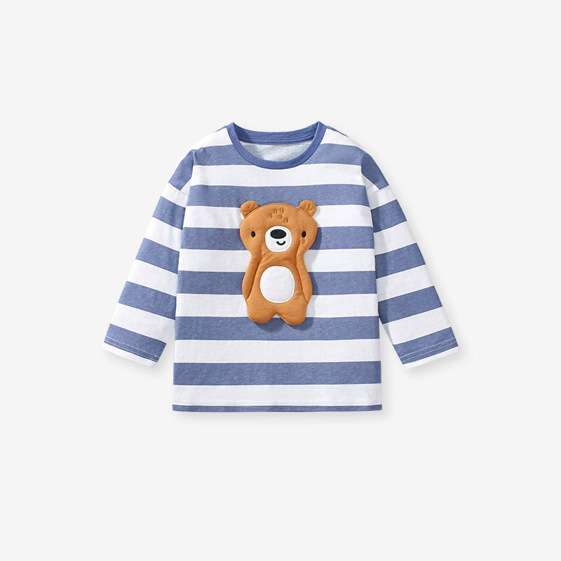 A blue long-sleeved t-shirt for girls featuring a 3D teddy bear design and striped pattern, made from soft cotton material.