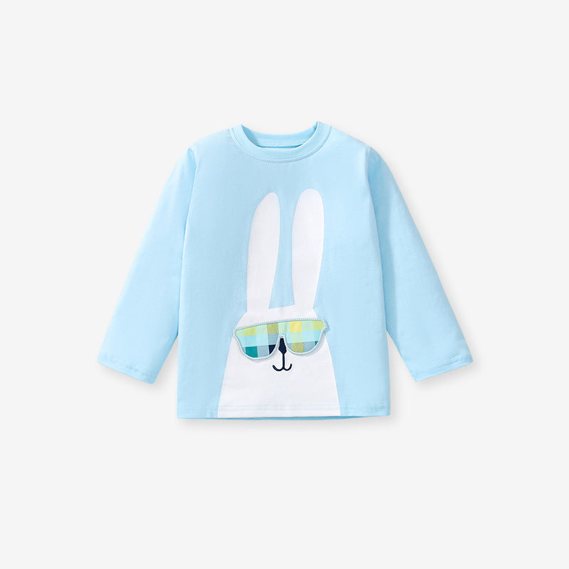 Blue long sleeves t-shirt for girls featuring a cute cartoon animal pattern, made from soft cotton, perfect for spring and autumn wear.