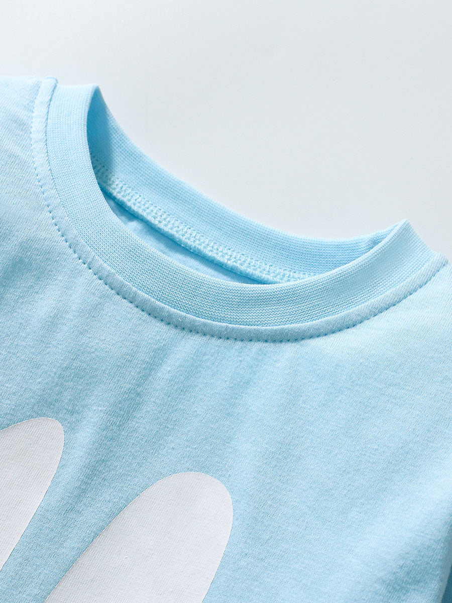 Blue long sleeves t-shirt for girls featuring a cute cartoon animal pattern, made from soft cotton, perfect for spring and autumn wear.