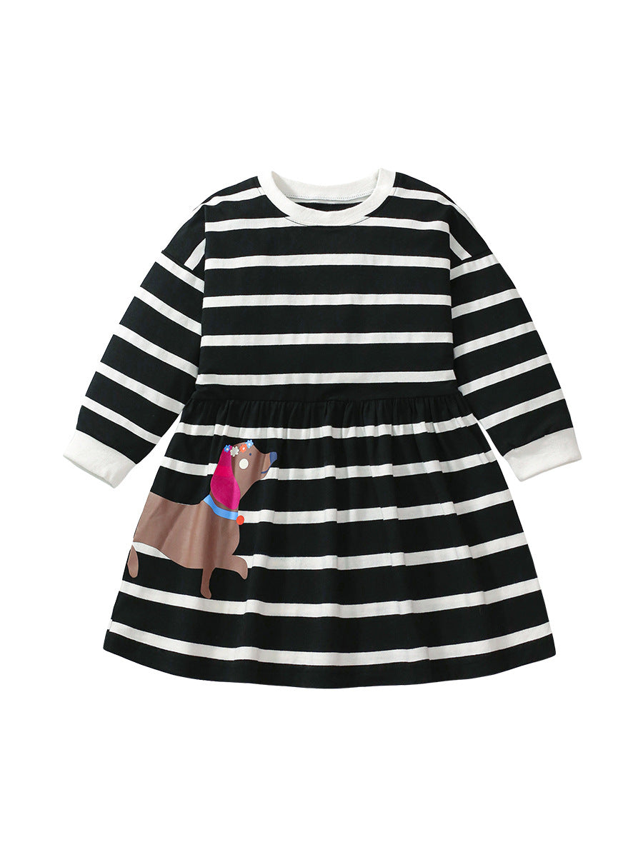 A stylish long sleeve shirt for girls featuring a cartoon dachshund dog pattern, perfect for autumn and spring wear.