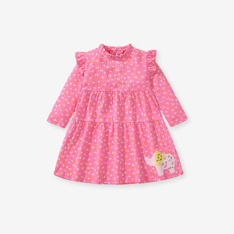 A vibrant red top featuring a cartoon elephant and floral pattern, designed with a stylish ruffle neck for girls.