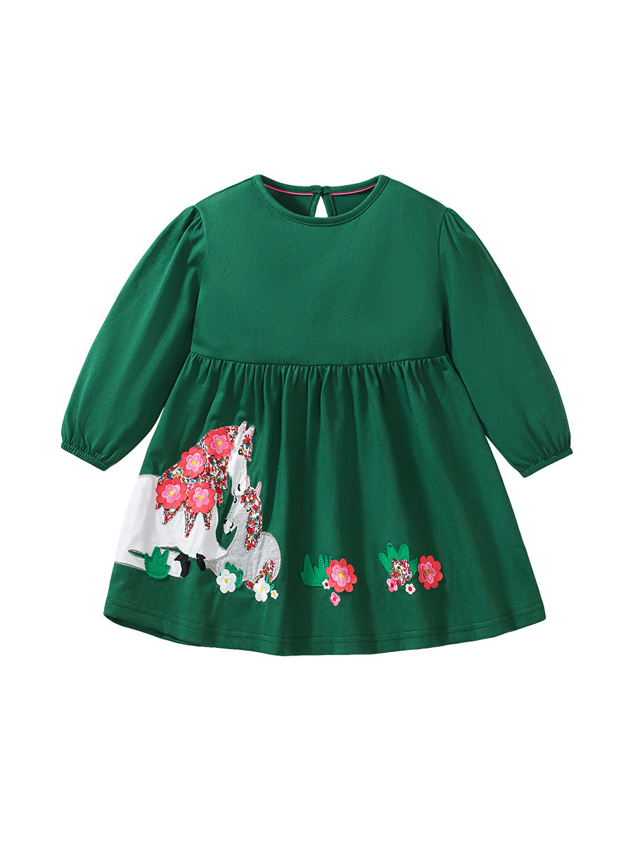 Green crew neck long sleeve top for girls featuring a cartoon floral horse design, perfect for autumn and spring wear.