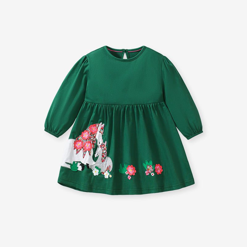 Green crew neck long sleeve top for girls featuring a cartoon floral horse design, perfect for autumn and spring wear.