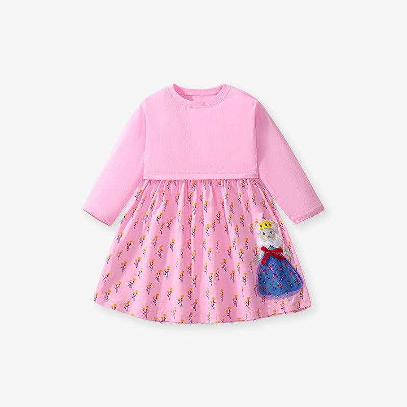 A pink long sleeve top featuring a cartoon princess mouse design, perfect for girls aged 12 months to 10 years.