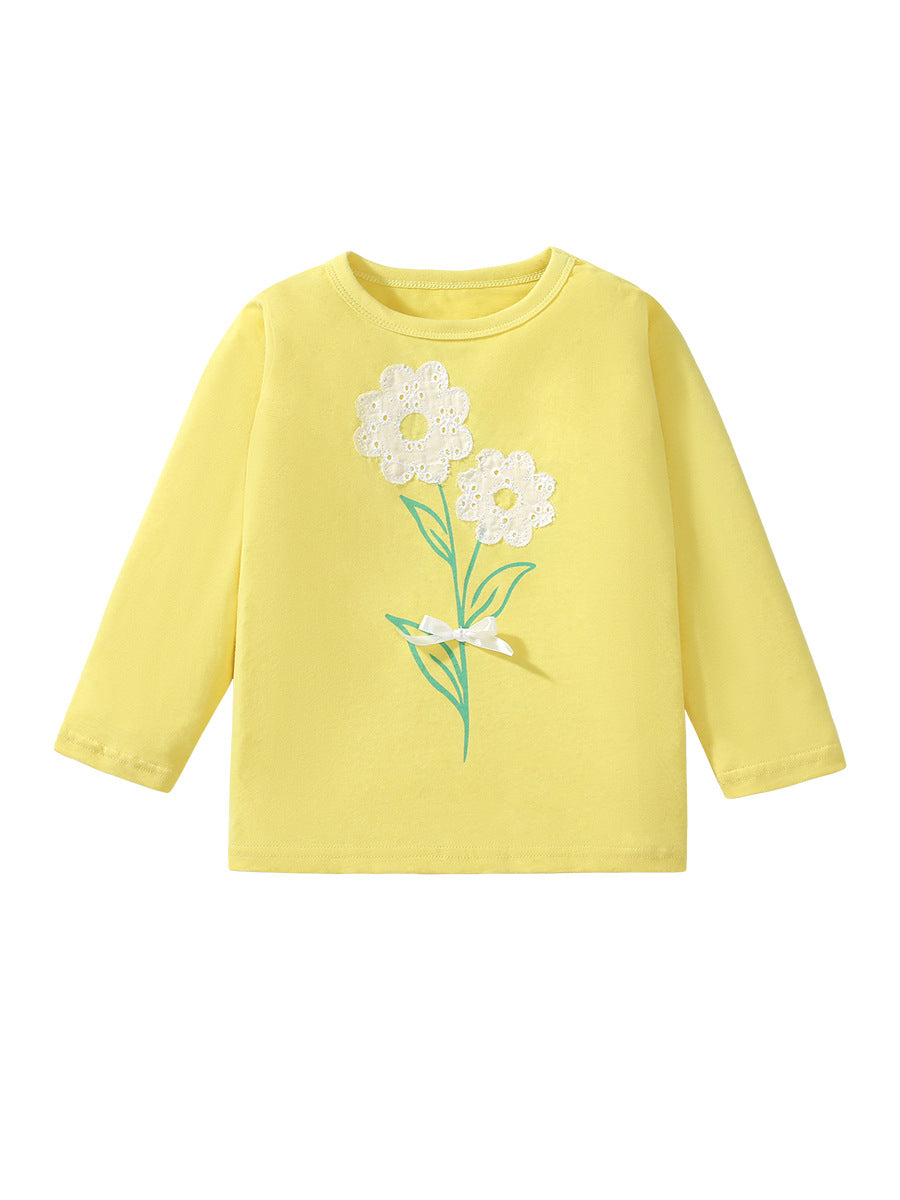 A vibrant yellow long-sleeved t-shirt for girls featuring a cute floral pattern, made from soft cotton, perfect for spring and autumn wear.