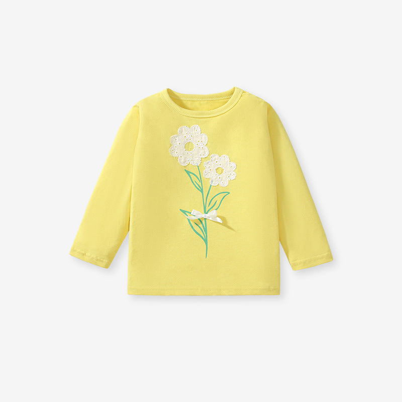 A vibrant yellow long-sleeved t-shirt for girls featuring a cute floral pattern, made from soft cotton, perfect for spring and autumn wear.