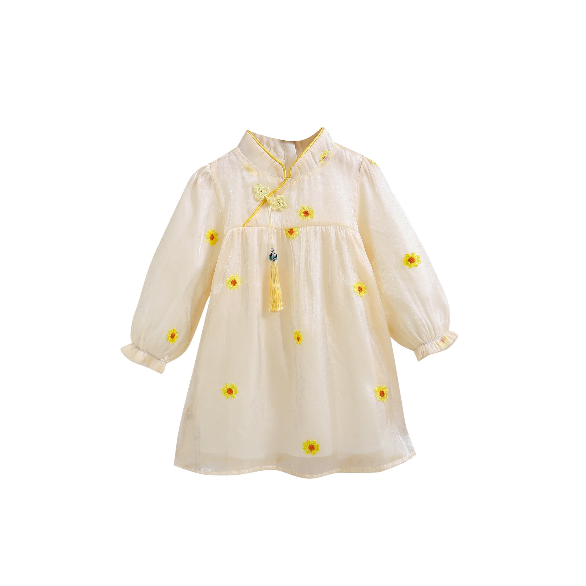 A stylish long-sleeve top for girls featuring a daisy flower pattern and stand collar, perfect for autumn and spring wear.