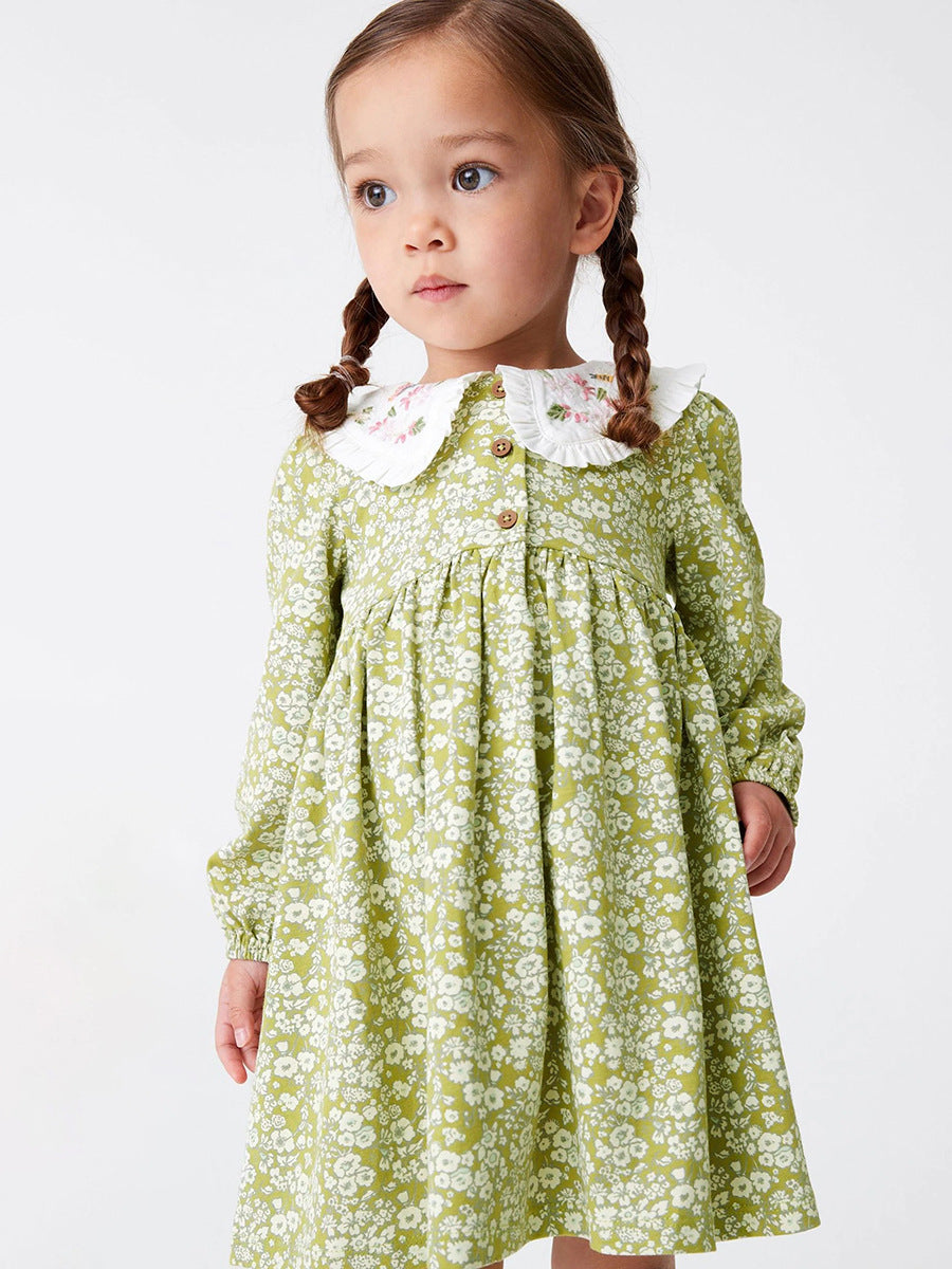 Arrival Autumn Girls Floral Print Dress with embroidered Peter Pan collar in green cotton, perfect for spring and autumn wear.