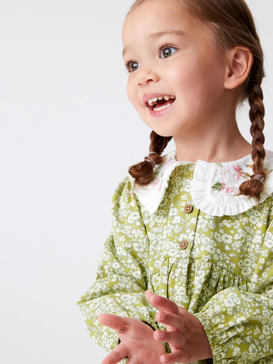 Arrival Autumn Girls Floral Print Dress with embroidered Peter Pan collar in green cotton, perfect for spring and autumn wear.