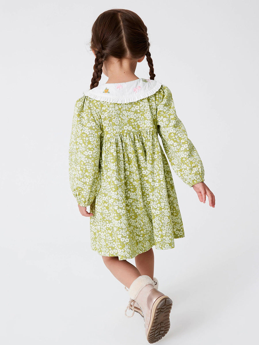 Arrival Autumn Girls Floral Print Dress with embroidered Peter Pan collar in green cotton, perfect for spring and autumn wear.