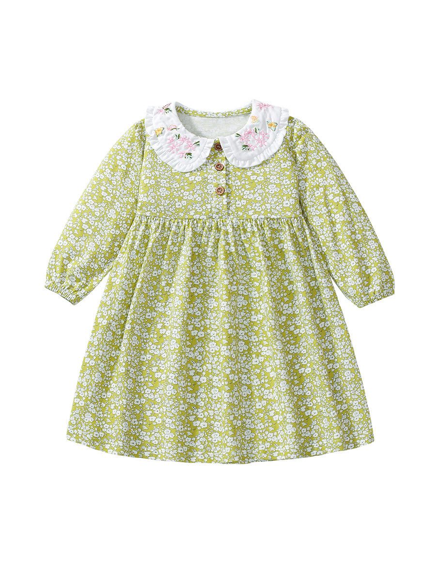 Arrival Autumn Girls Floral Print Dress with embroidered Peter Pan collar in green cotton, perfect for spring and autumn wear.