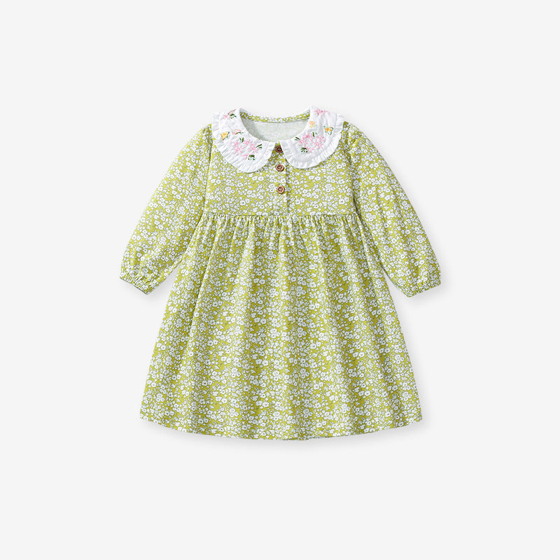 Arrival Autumn Girls Floral Print Dress with embroidered Peter Pan collar in green cotton, perfect for spring and autumn wear.