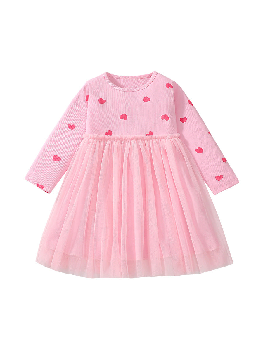 Arrival Autumn Girls Heart Print Crew Neck Long Sleeves Tulle in pink with heart patterns, perfect for young girls.