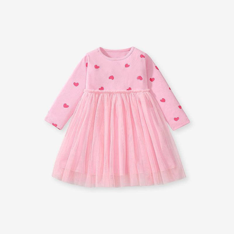 Arrival Autumn Girls Heart Print Crew Neck Long Sleeves Tulle in pink with heart patterns, perfect for young girls.