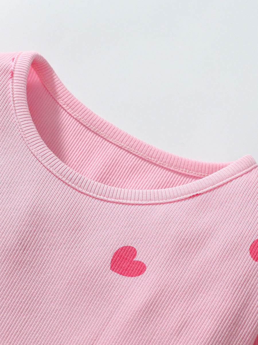 Arrival Autumn Girls Heart Print Crew Neck Long Sleeves Tulle in pink with heart patterns, perfect for young girls.