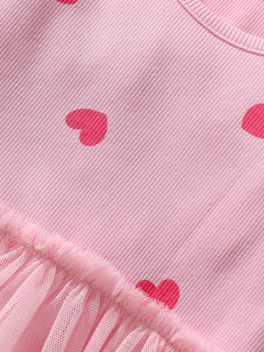 Arrival Autumn Girls Heart Print Crew Neck Long Sleeves Tulle in pink with heart patterns, perfect for young girls.