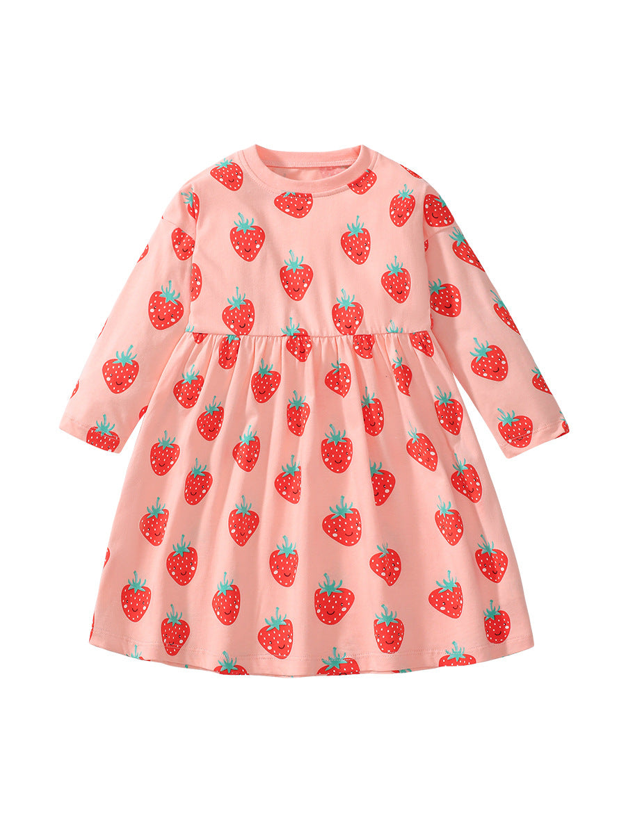 A pink long-sleeved top for girls featuring a cartoon strawberry fruits pattern, made from soft cotton material.