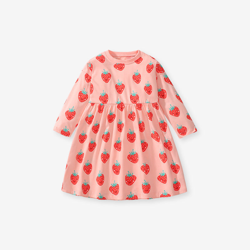 A pink long-sleeved top for girls featuring a cartoon strawberry fruits pattern, made from soft cotton material.