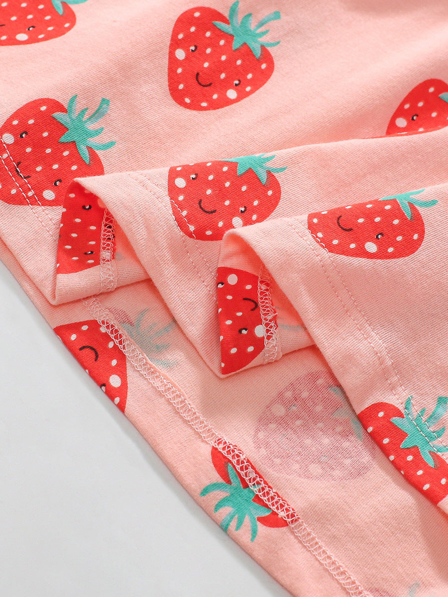 A pink long-sleeved top for girls featuring a cartoon strawberry fruits pattern, made from soft cotton material.