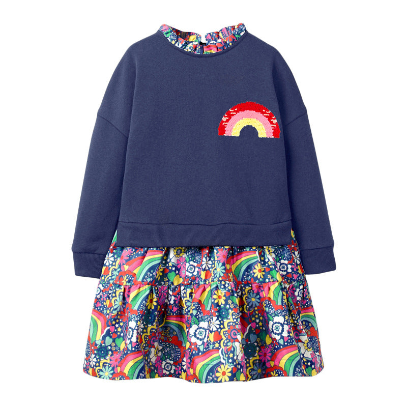 A vibrant black and blue sweatshirt featuring rainbow embroidery, designed for girls aged 12 months to 10 years.