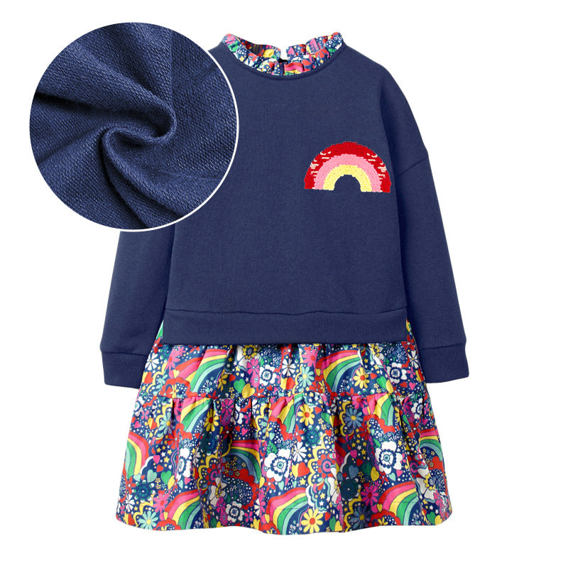 A vibrant black and blue sweatshirt featuring rainbow embroidery, designed for girls aged 12 months to 10 years.