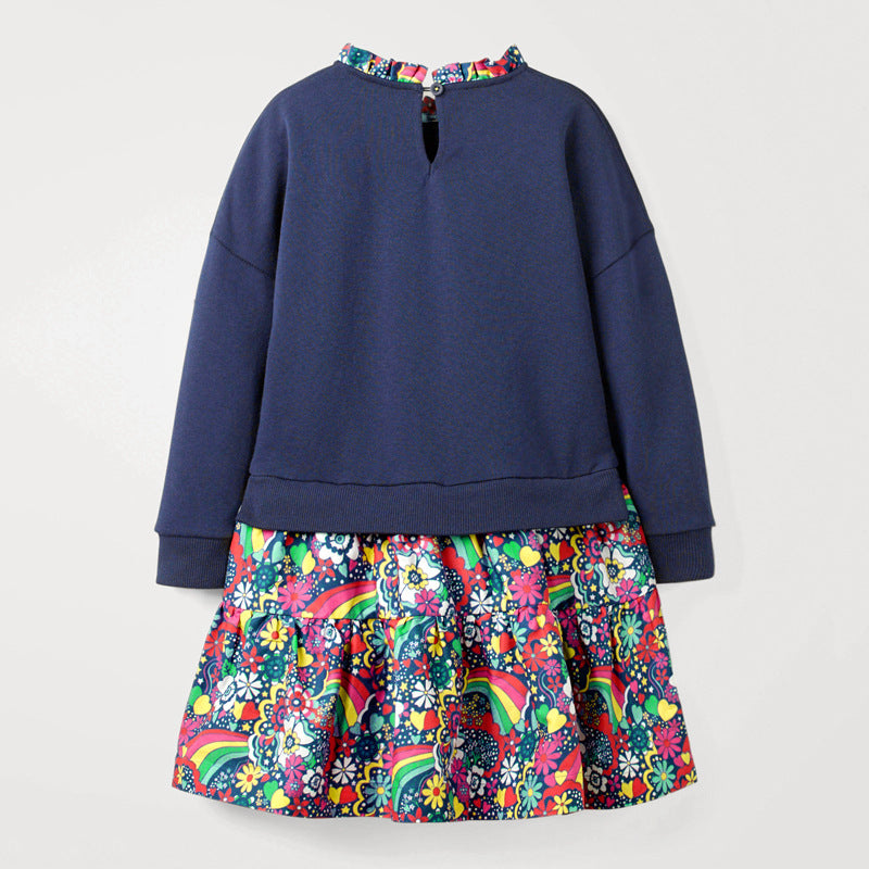 A vibrant black and blue sweatshirt featuring rainbow embroidery, designed for girls aged 12 months to 10 years.