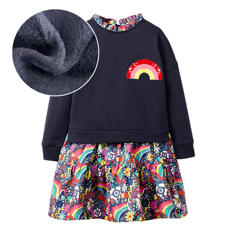 A vibrant black and blue sweatshirt featuring rainbow embroidery, designed for girls aged 12 months to 10 years.