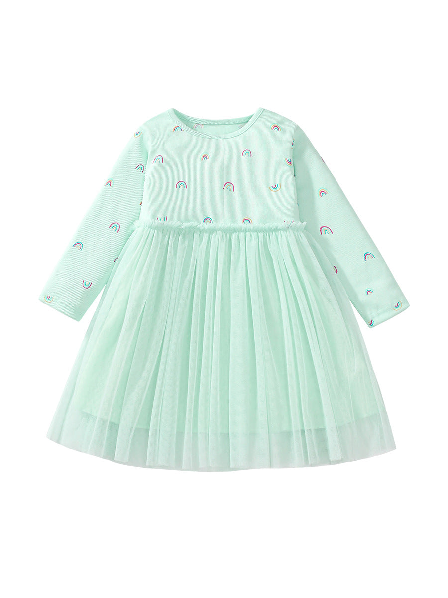 A vibrant green crew neck tulle top featuring a colorful rainbow print, perfect for girls aged 12 months to 10 years.