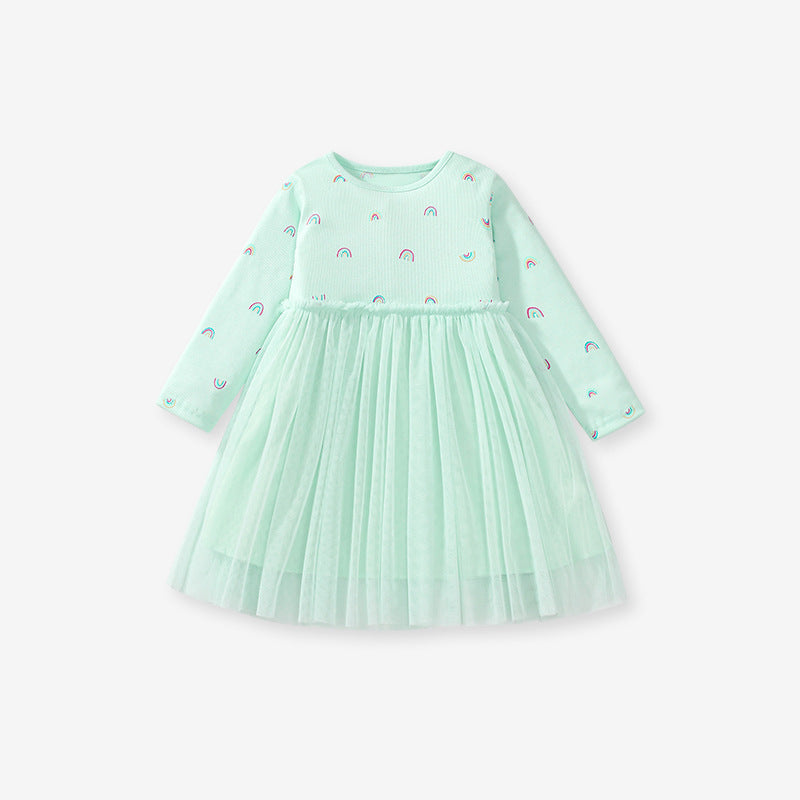 A vibrant green crew neck tulle top featuring a colorful rainbow print, perfect for girls aged 12 months to 10 years.