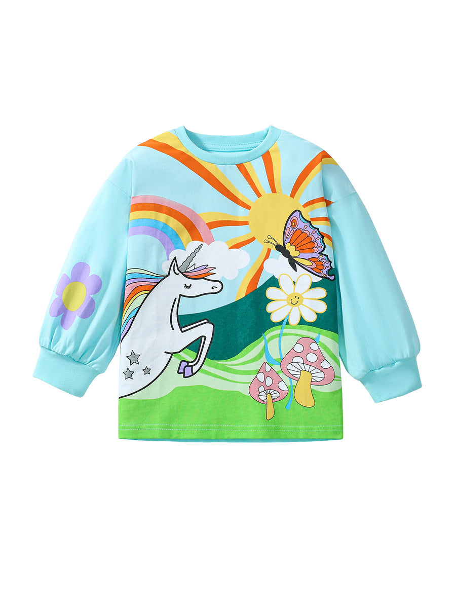 Colorful long-sleeved t-shirt featuring a unicorn cartoon design for girls, made from soft cotton material.