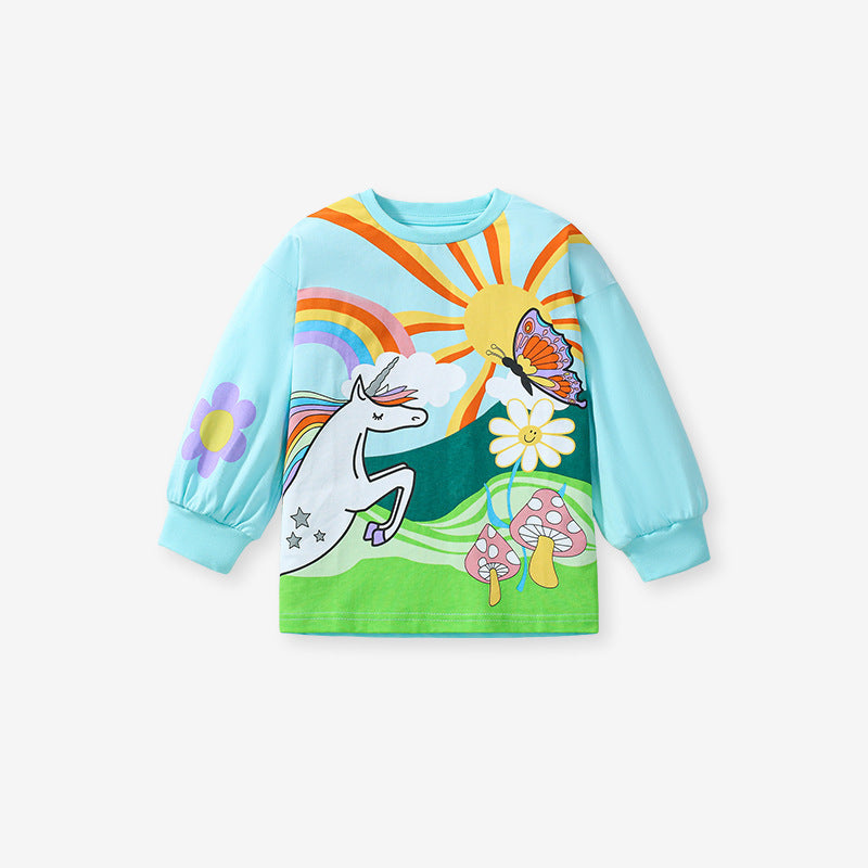 Colorful long-sleeved t-shirt featuring a unicorn cartoon design for girls, made from soft cotton material.