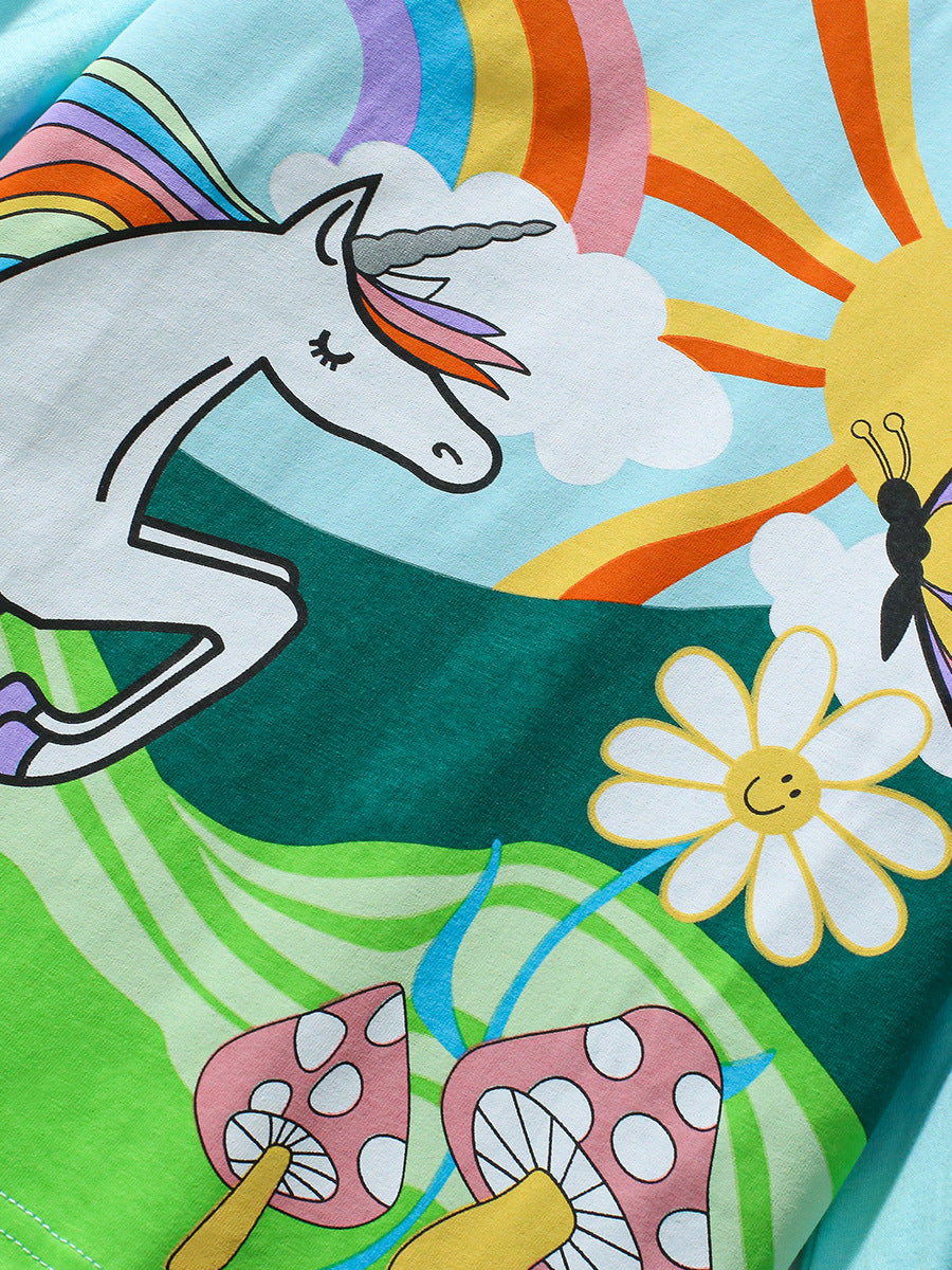 Colorful long-sleeved t-shirt featuring a unicorn cartoon design for girls, made from soft cotton material.