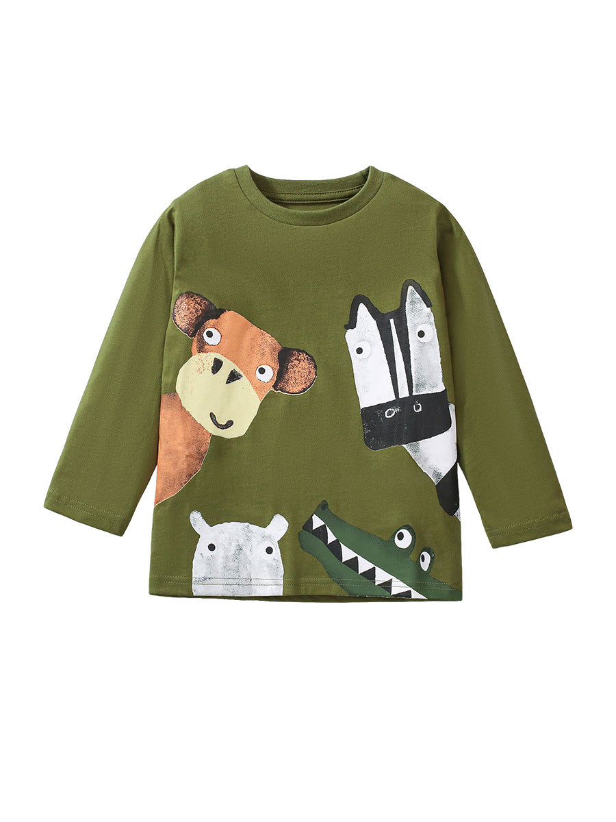 Green long sleeve shirt for kids featuring cartoon animal patterns, made from soft cotton, suitable for spring and autumn wear.