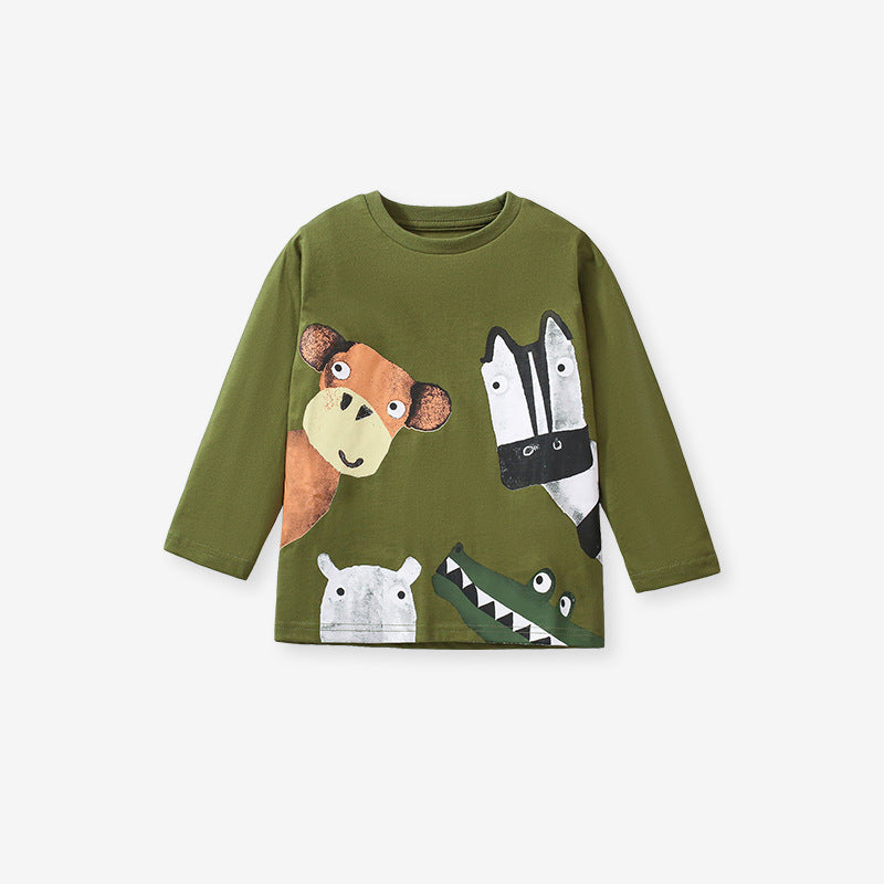 Green long sleeve shirt for kids featuring cartoon animal patterns, made from soft cotton, suitable for spring and autumn wear.