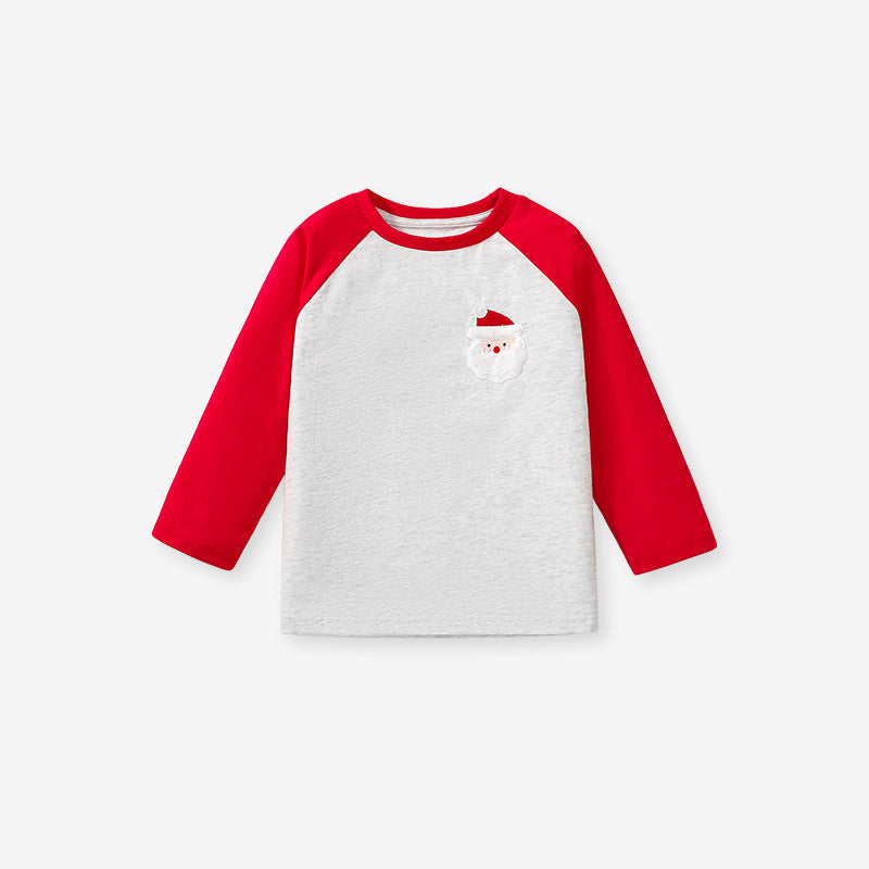 A vibrant red long-sleeve shirt for kids featuring a playful cartoon pattern, perfect for Christmas celebrations.