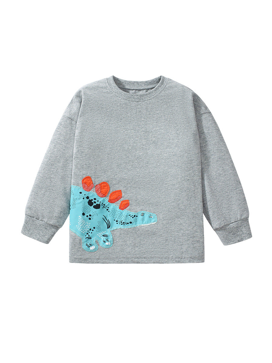 A grey long-sleeve shirt featuring a colorful dinosaur cartoon pattern, perfect for kids in spring and autumn.