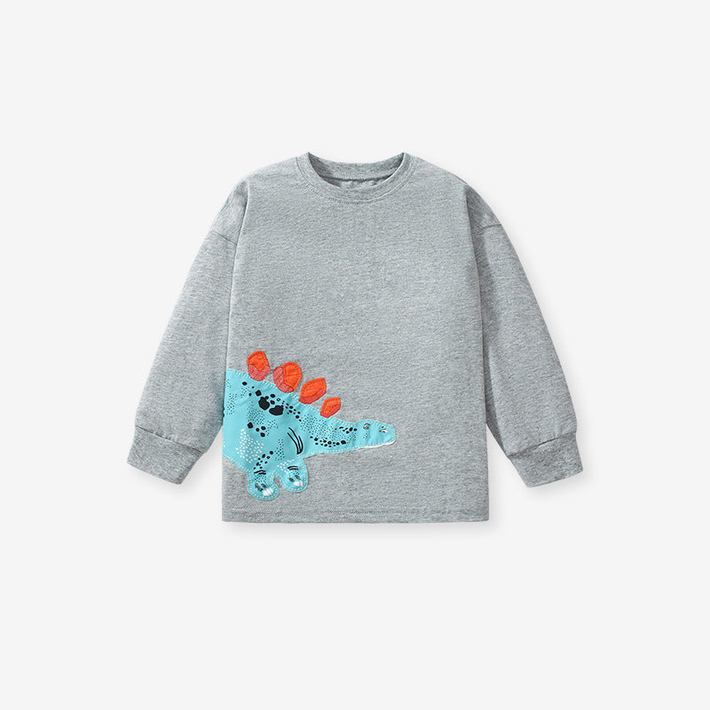 A grey long-sleeve shirt featuring a colorful dinosaur cartoon pattern, perfect for kids in spring and autumn.