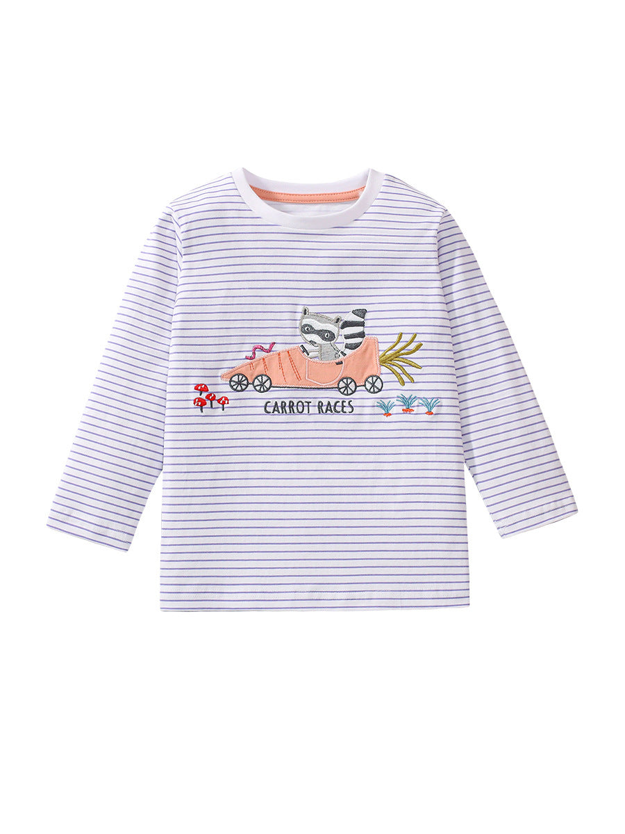 A beige long-sleeved t-shirt for kids featuring a cartoon and striped pattern, suitable for both boys and girls.