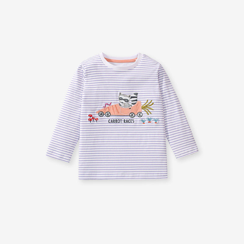 A beige long-sleeved t-shirt for kids featuring a cartoon and striped pattern, suitable for both boys and girls.