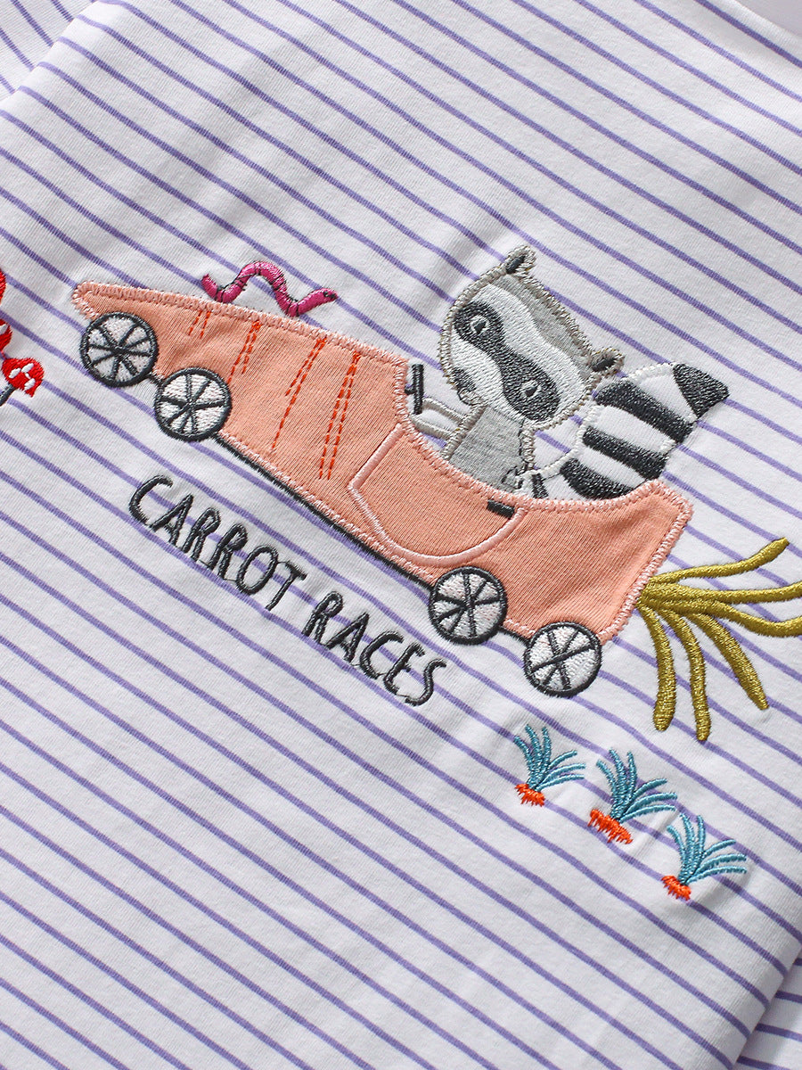 A beige long-sleeved t-shirt for kids featuring a cartoon and striped pattern, suitable for both boys and girls.