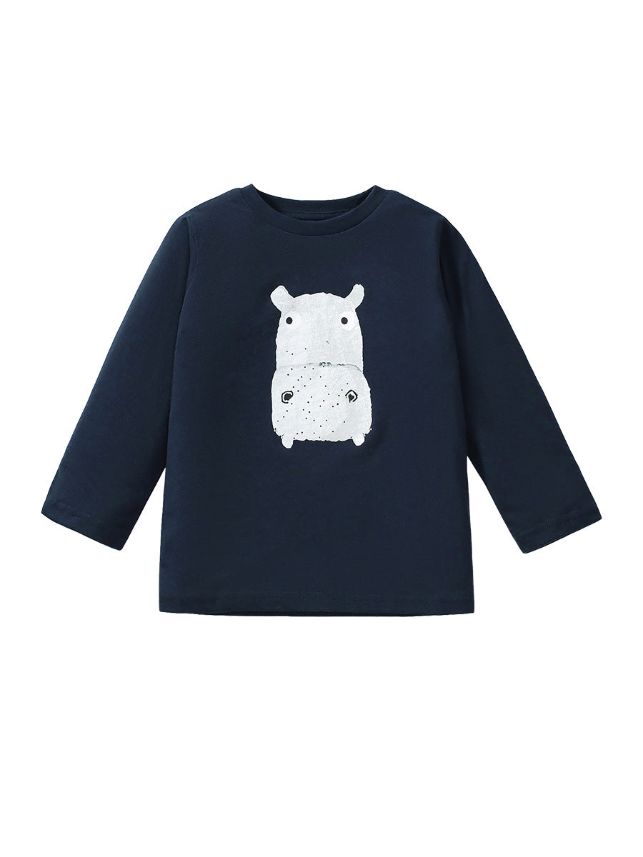 Arrival Autumn Kids’ Long Sleeves T-Shirt featuring cute cartoon animals pattern in black cotton fabric, suitable for boys and girls.