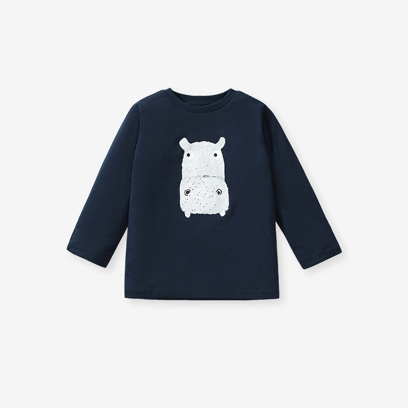 Arrival Autumn Kids’ Long Sleeves T-Shirt featuring cute cartoon animals pattern in black cotton fabric, suitable for boys and girls.