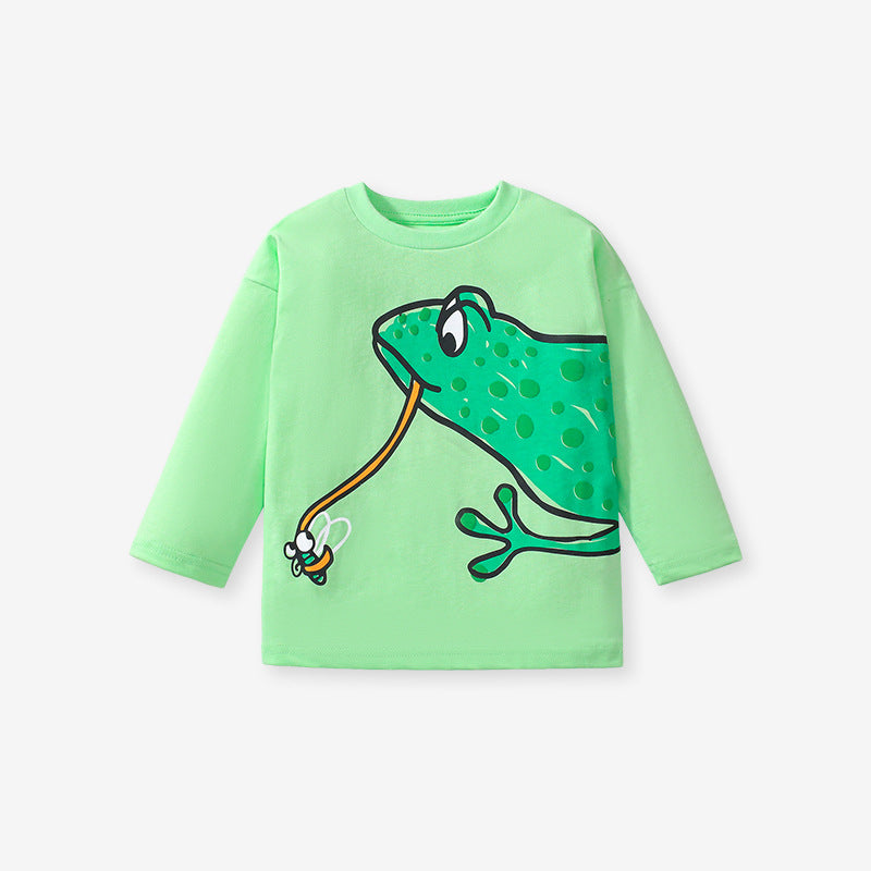 Green long sleeves t-shirt featuring a playful frog print, perfect for kids in spring and autumn.