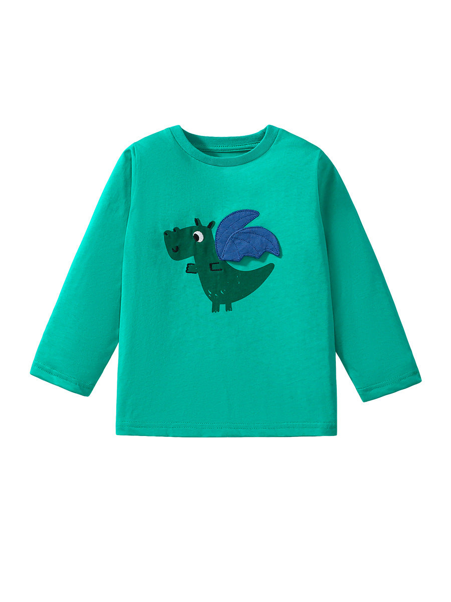 Green long sleeve t-shirt for kids featuring a cute little dragon pattern, made from soft cotton material.