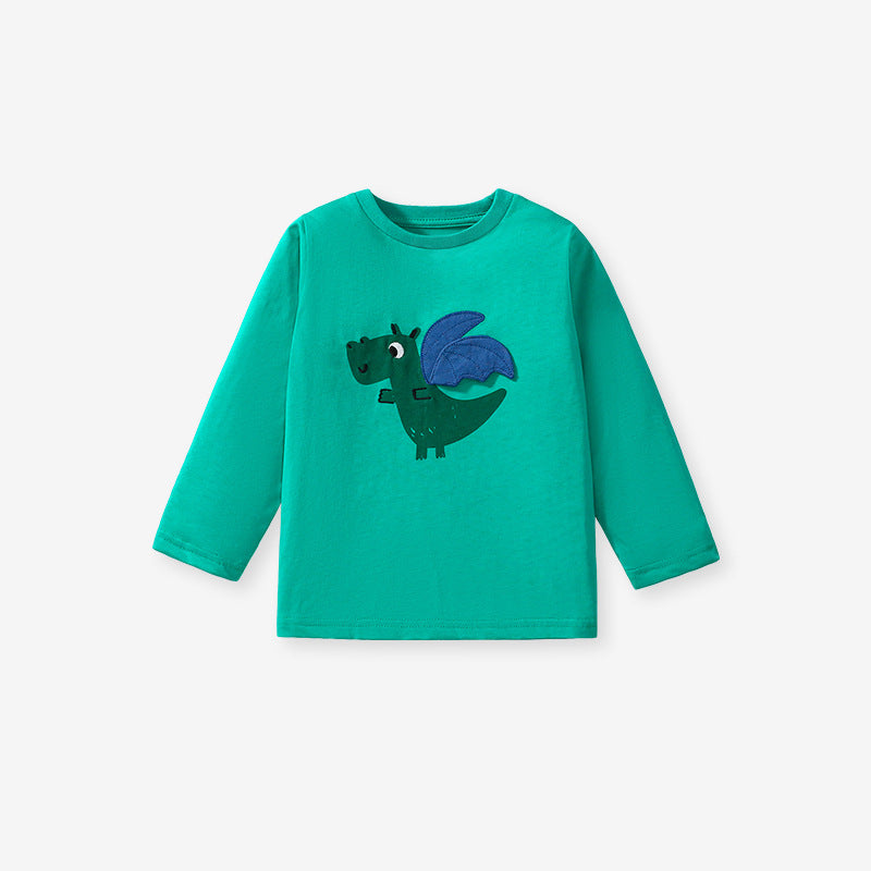 Green long sleeve t-shirt for kids featuring a cute little dragon pattern, made from soft cotton material.