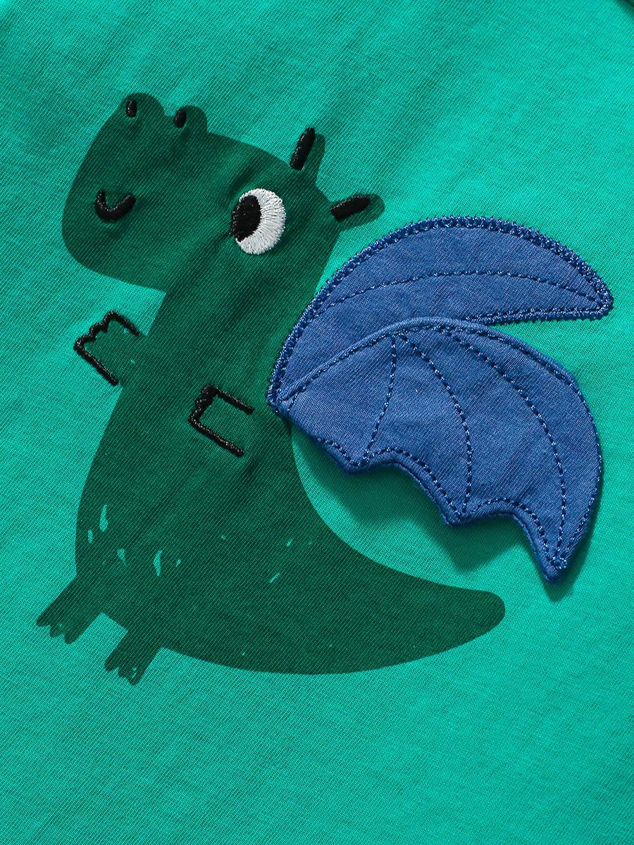 Green long sleeve t-shirt for kids featuring a cute little dragon pattern, made from soft cotton material.