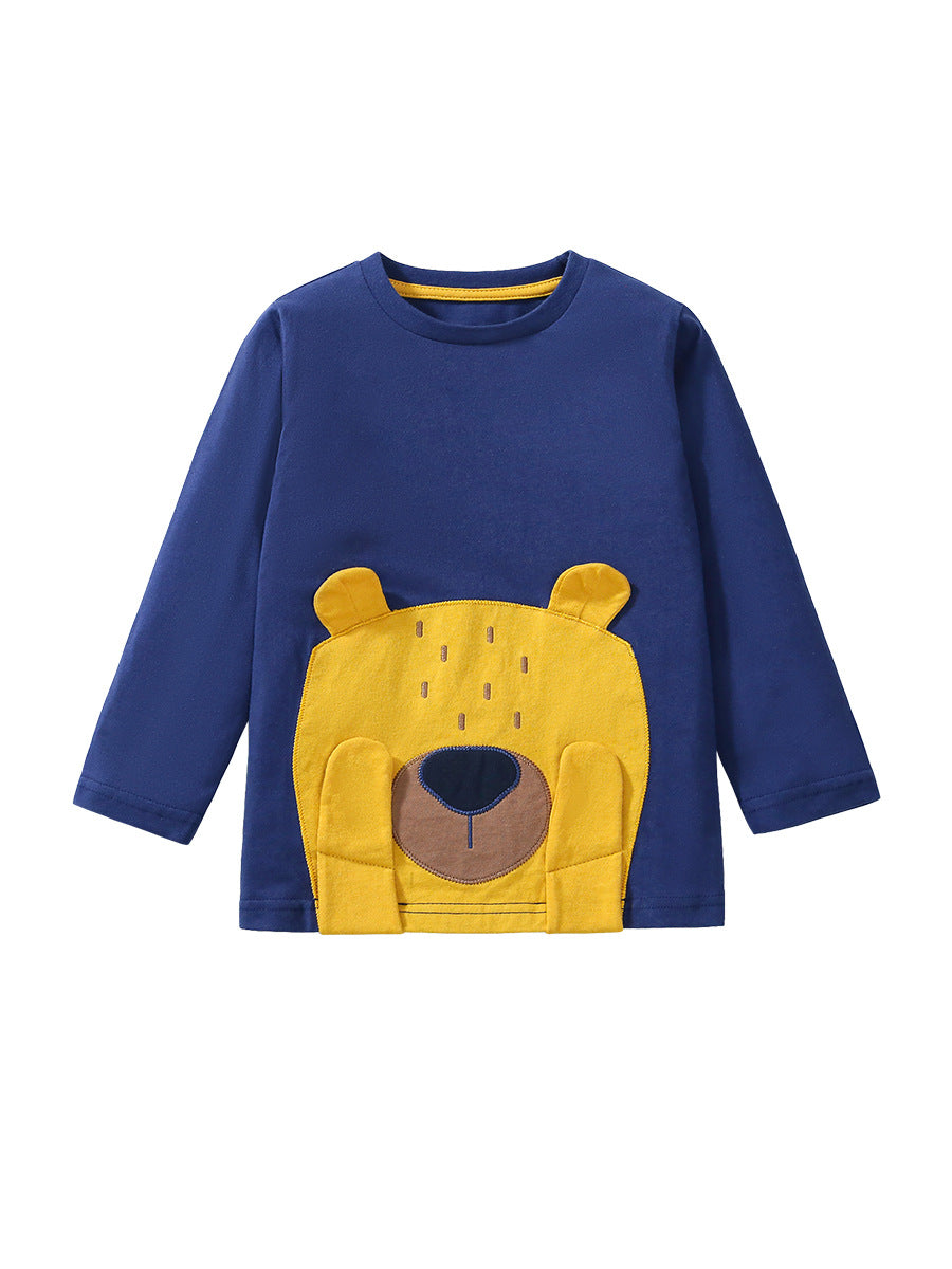 Navy blue cotton kids' shirt featuring a cute teddy bear cartoon pattern and appliqué embroidery, perfect for spring and autumn wear.