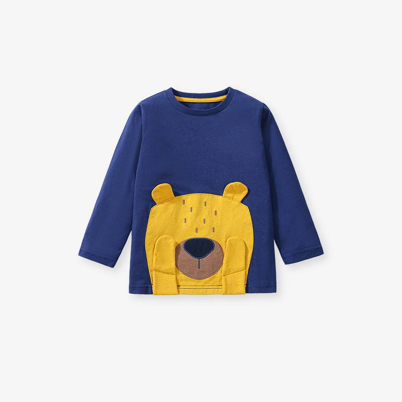 Navy blue cotton kids' shirt featuring a cute teddy bear cartoon pattern and appliqué embroidery, perfect for spring and autumn wear.